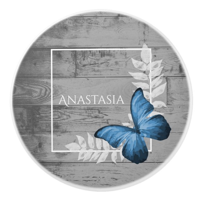 Bouton bleu papillon Rustique Personnalisé Ceramic (Devant)