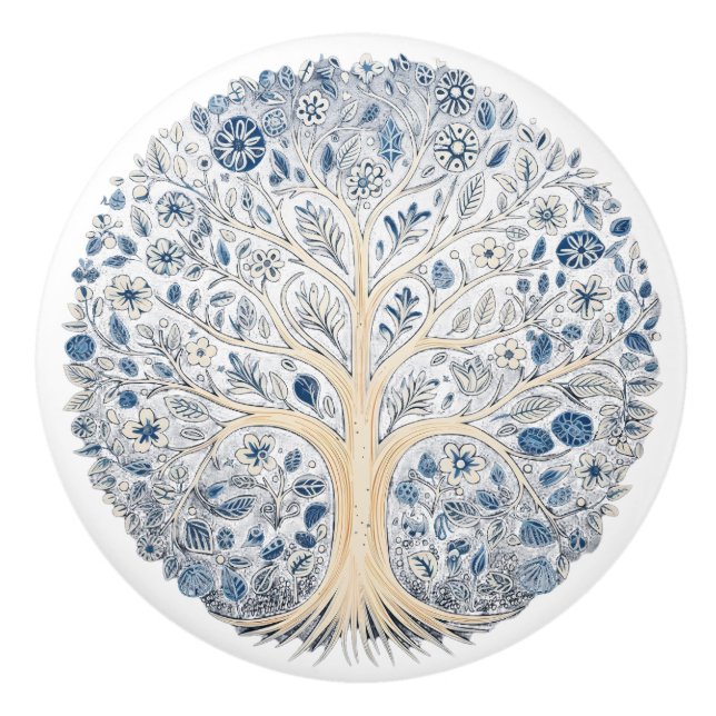 Bouton de céramique bleu et blanc avec arbre (Devant)