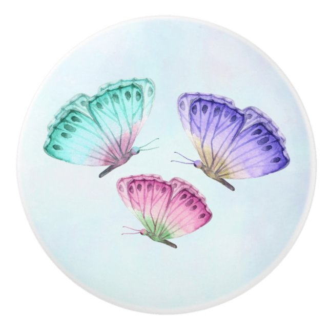 Bouton De Porte En Céramique 3 Jolies papillons d'aquarelle Pastel (Devant)