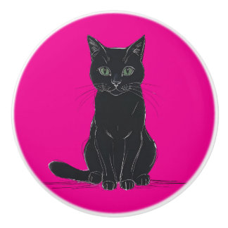Bouton De Porte En Céramique A black cat door pull