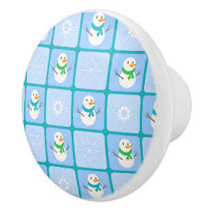 Bouton De Porte En Céramique À damiers hiver bonhomme de neige motif et flocons