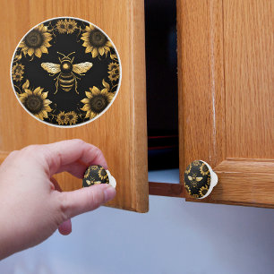 Bouton De Porte En Céramique Abeille d'or et tournesol