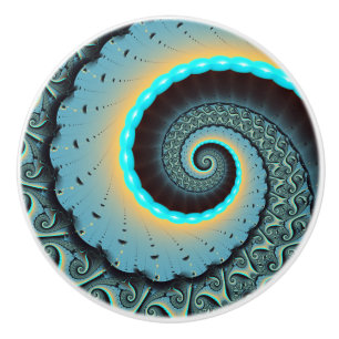 Bouton De Porte En Céramique Abstraite spirale d'art fractal bleu turquoise ora