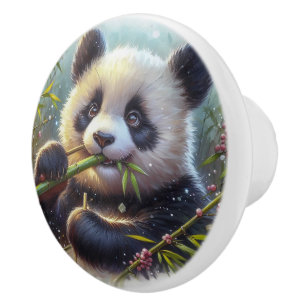 Bouton De Porte En Céramique Adorable Ours De Panda Mangeant Bambou