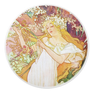 Bouton De Porte En Céramique Alpha Mucha Spring Floral Vintage Art nouveau