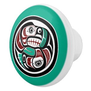 Bouton De Porte En Céramique Amérindien Noir Blanc Haïda Otter Saumon