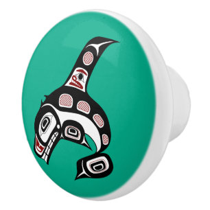 Bouton De Porte En Céramique Amérindien Red Black Haida Art Killer Whale