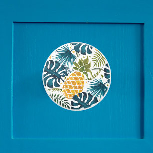 Bouton De Porte En Céramique Ananas doré bleu palmier feuille feuillage blanc