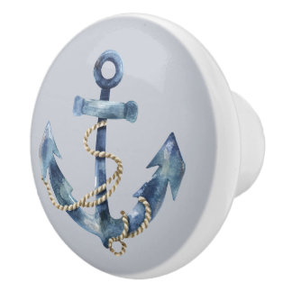 Bouton De Porte En Céramique Ancre bleue et corde sur gris
