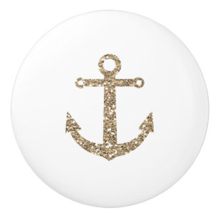 Bouton De Porte En Céramique Ancre Pailletée Or Moderne Glamour Nautique