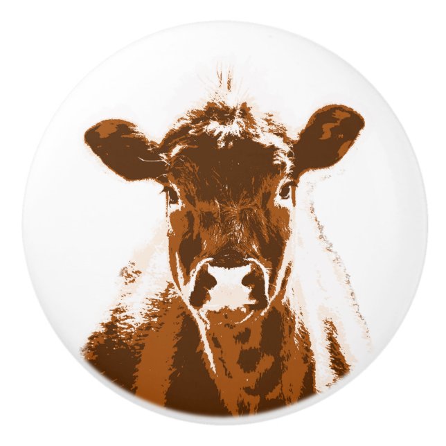 Bouton De Porte En Céramique Animal de ferme à la vache Brown (Devant)