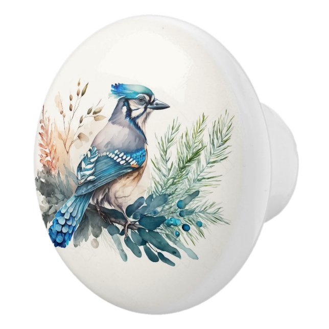 Bouton De Porte En Céramique Aquarelle Blue Jay Pine Branch (Droite)