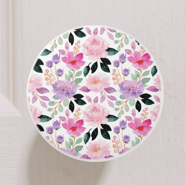 Bouton De Porte En Céramique Aquarelle botanique florale mignonne (Créateur téléchargé)