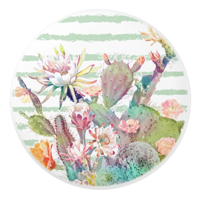 Bouton De Porte En Céramique Aquarelle Cactus Floral Stripes Design (Devant)