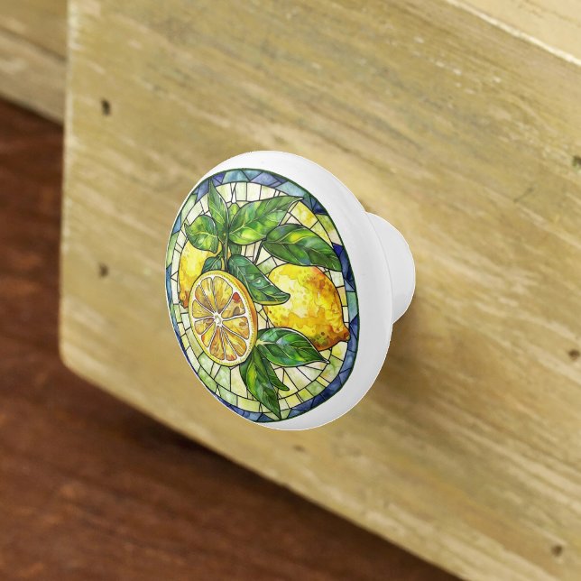 Bouton De Porte En Céramique Aquarelle Citrons Vitré Jaune Vert Bleu (Créateur téléchargé)