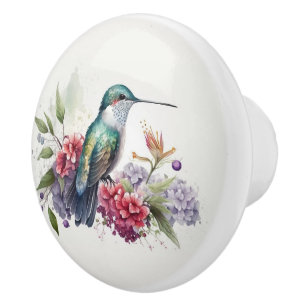 Bouton De Porte En Céramique Aquarelle Colibri et fleurs