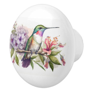 Bouton De Porte En Céramique Aquarelle Colibri et fleurs