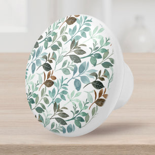 Bouton De Porte En Céramique Aquarelle de feuilles vertes Nature botanique