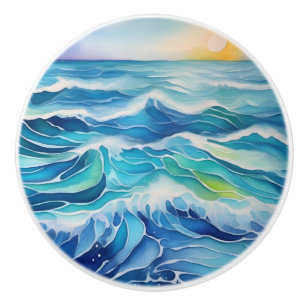 Bouton De Porte En Céramique Aquarelle des vagues sous le soleil