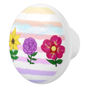 Bouton De Porte En Céramique Aquarelle Florale jaune rose pourpre