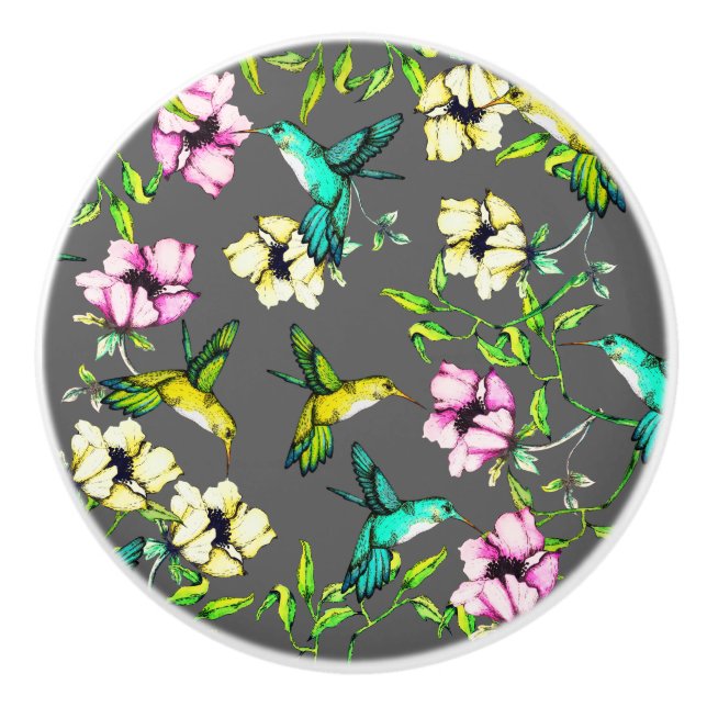 Bouton De Porte En Céramique Aquarelle Hummingbirds & Fleurs (Devant)