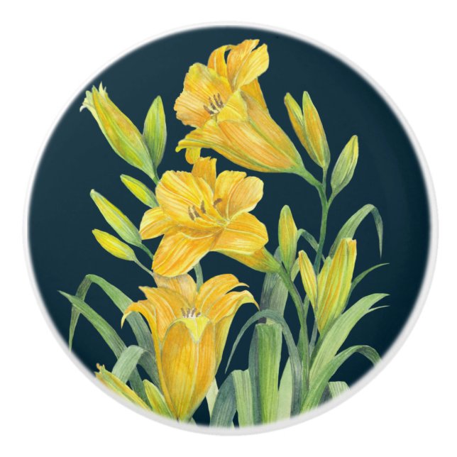 Bouton De Porte En Céramique Aquarelle Jaune Lys Floral Illustration (Devant)