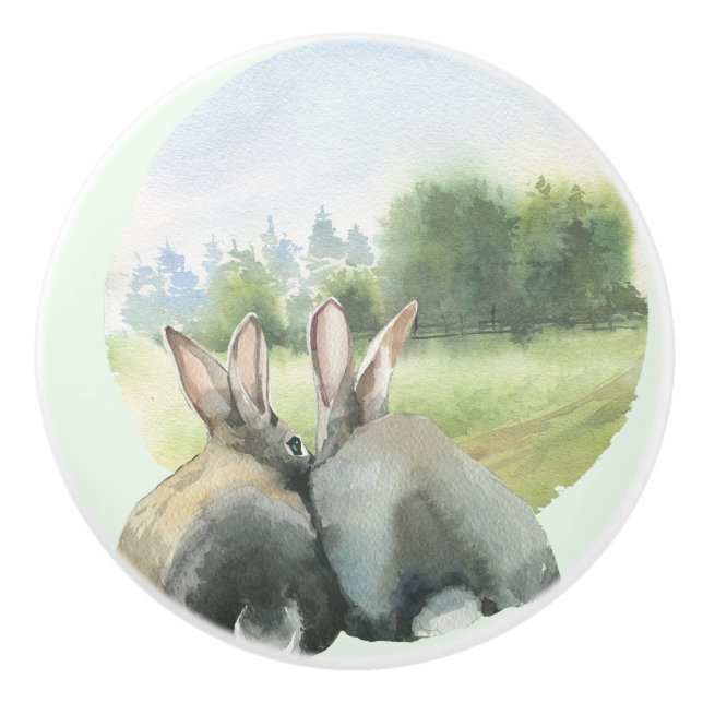 Bouton De Porte En Céramique Aquarelle lapins avec Menthe Green Ceramic Knob (Devant)