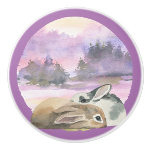 Bouton De Porte En Céramique Aquarelle lapins avec orchidée pourpre