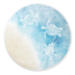 Bouton De Porte En Céramique Aquarelle Océan Turtle blanche