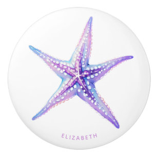 Bouton De Porte En Céramique Aquarelle Purple Blue Beach Starfish Côte