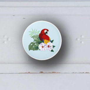 Bouton De Porte En Céramique Ara Macao Rouge Perroquet Tropical Hibiscus Floral