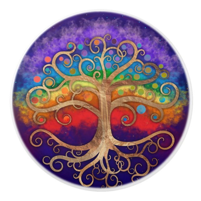 Bouton De Porte En Céramique Arbre de vie Golden Swirl et Rainbow (Devant)