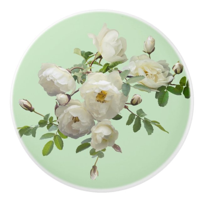 Bouton De Porte En Céramique Arrière - plan vert Roses blanches (Devant)