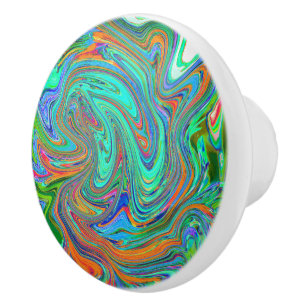 Bouton De Porte En Céramique Art abstrait rétro groovy Aqua, Orange et Vert