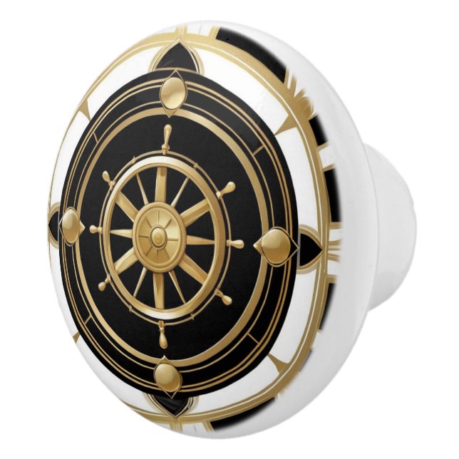 Bouton De Porte En Céramique Art Déco Bateau Roue Noir Blanc Or Nautique (Droite)