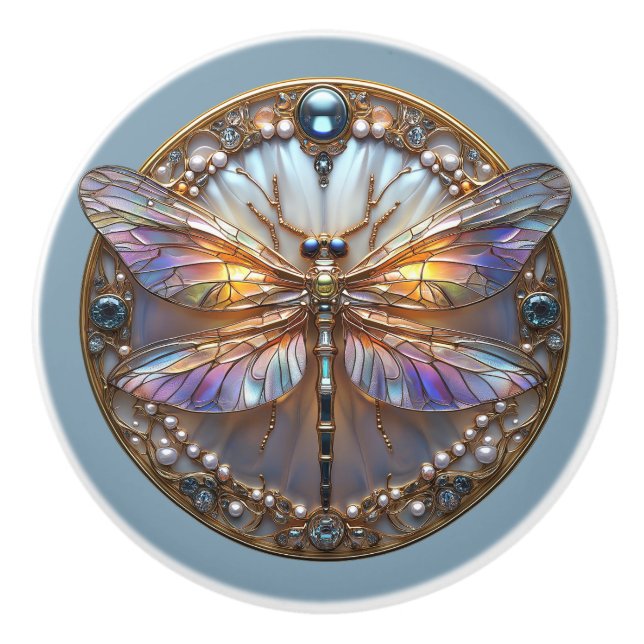 Bouton De Porte En Céramique Art Deco Dragonfly Rainbow WIngs Gems Pearls (Devant)