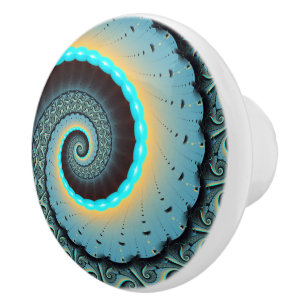 Bouton De Porte En Céramique Art fractal abstrait bleu turquoise orange en spir