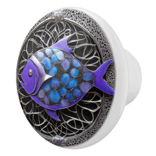 Bouton De Porte En Céramique Art Métal Poissons Violets