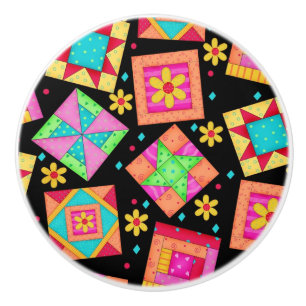 Bouton De Porte En Céramique Art noir coloré de bloc de patchwork d'édredon