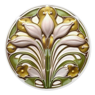 Bouton De Porte En Céramique Art Nouveau Abstrait Floral or blanc