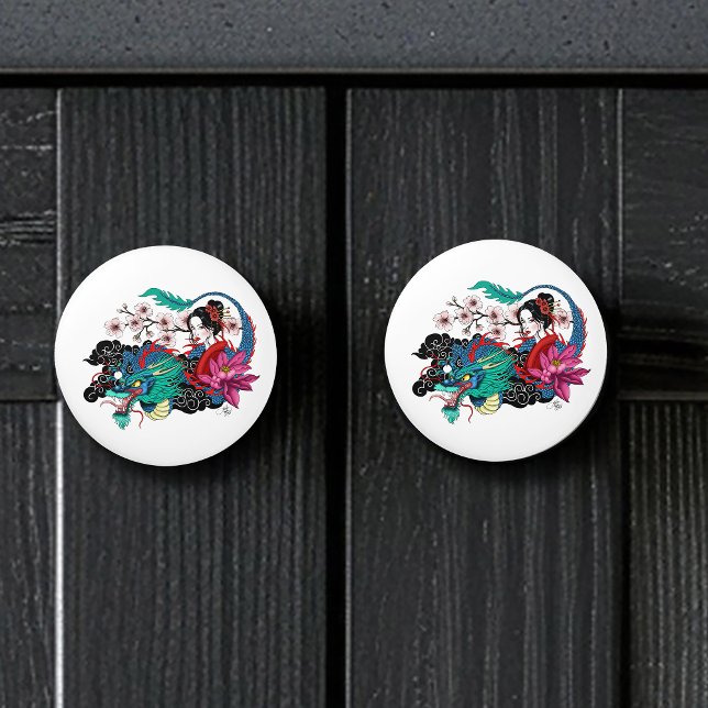 Bouton De Porte En Céramique Asian Geisha Dragon Cherry Blossoms Blue (Créateur téléchargé)