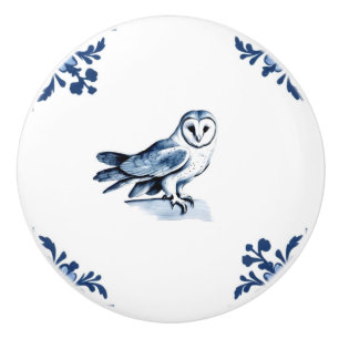Bouton De Porte En Céramique Barn Owl avec Delft Blue et White Corner bois