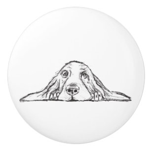 Bouton De Porte En Céramique basset blanc