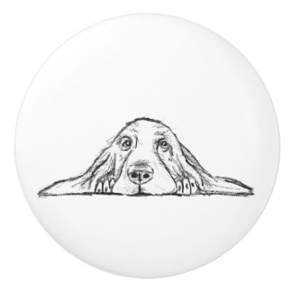 Bouton De Porte En Céramique basset hound noir blanc simple yeux de chiot