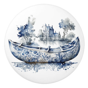 Bouton De Porte En Céramique Bateau de style Delft bleu et blanc avec scène de 