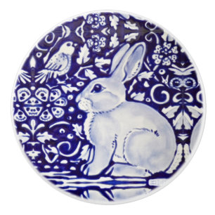 Bouton De Porte En Céramique Beau lapin Bleu Blanc Bois Animal Dedham  