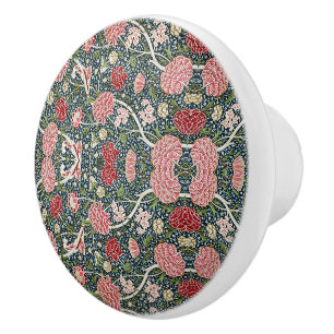 Bouton De Porte En Céramique Beau motif floral Fleurs de feuillage Rouge rose