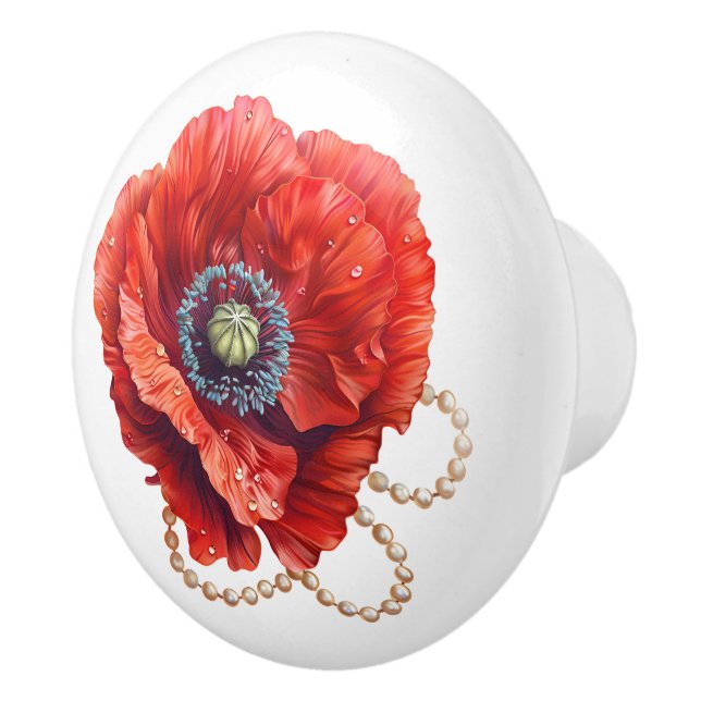Bouton De Porte En Céramique Beau Pavot Rouge Aux Perles (Droite)