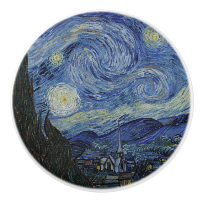 Bouton De Porte En Céramique Beau paysage Bleu nuit Ciel d'or étoiles (Devant)