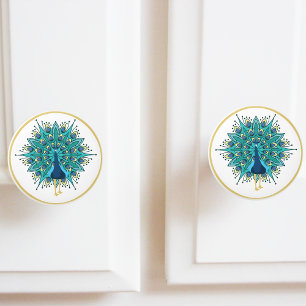 Bouton De Porte En Céramique Beau Peacock en Or Turquoise Bleu